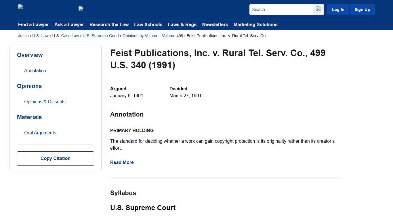 Feist Publications, Inc. v. Rural Tel. Serv. Co. 499 U.S. 340 (1991) Justia U.S. Supreme Court Center